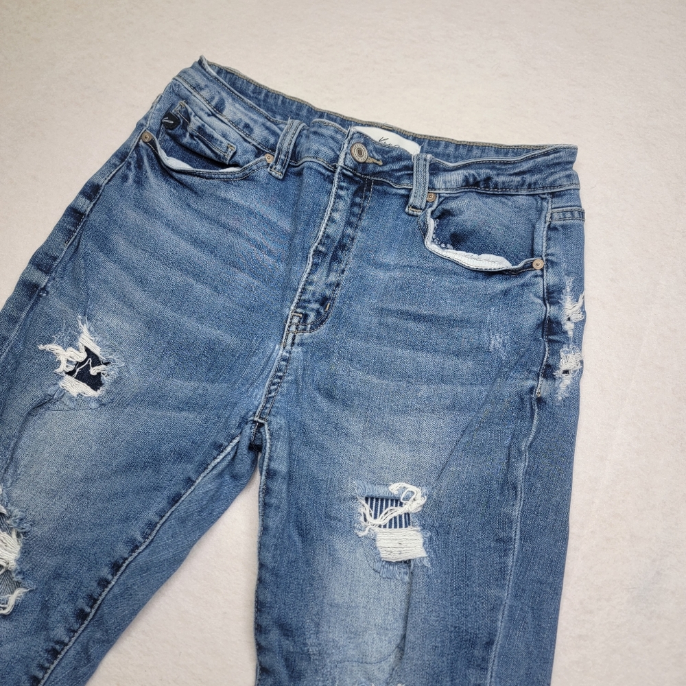 KanCan Distressed‎ Navy Striped Patch Skinny Ankle Jeans Medium Wash Sz 11/29